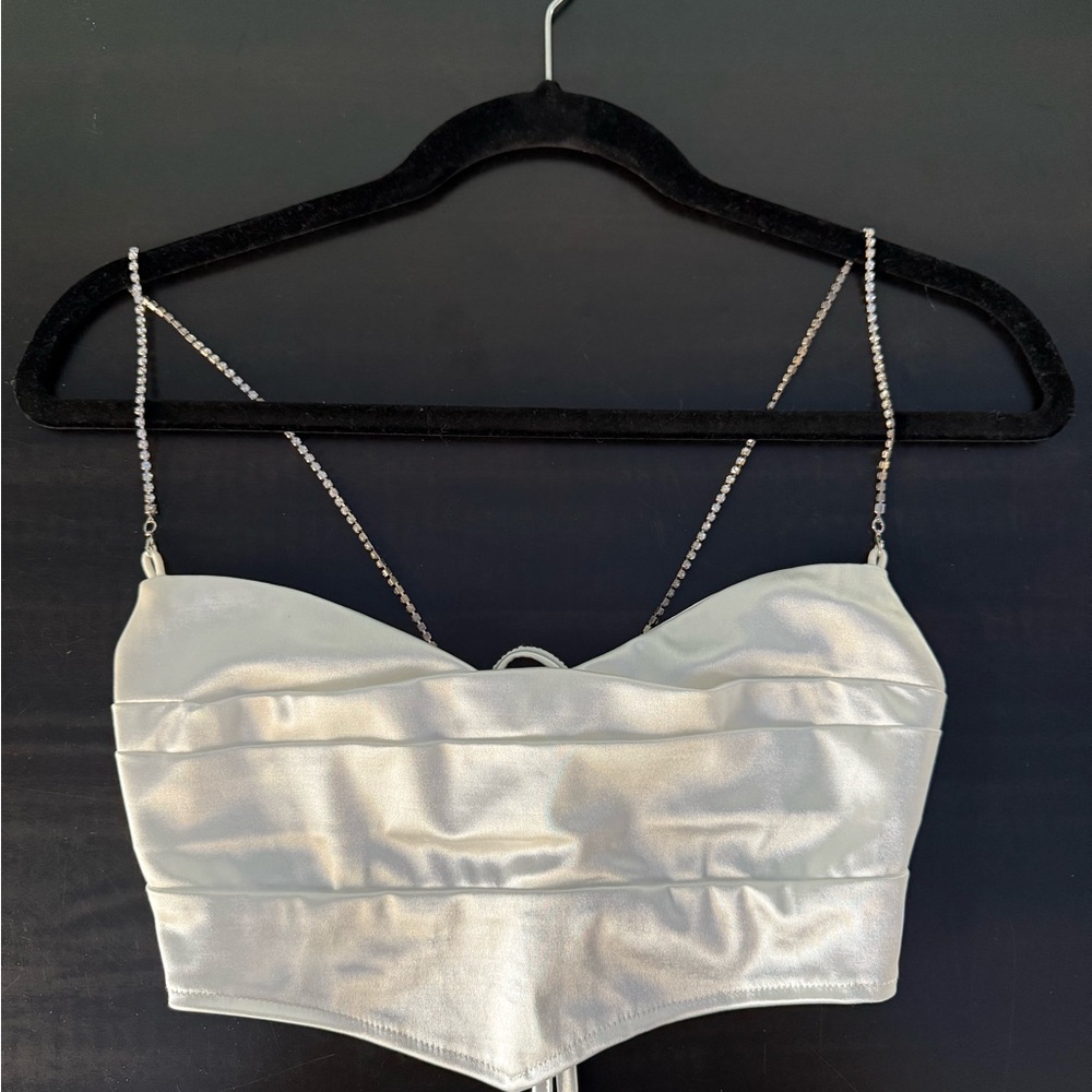 SHEIN White Satin Top with Rhinestone Details